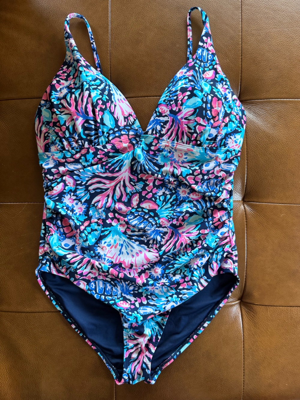 Navy One-Piece Swimsuit with Pink and Aqua Floral Print